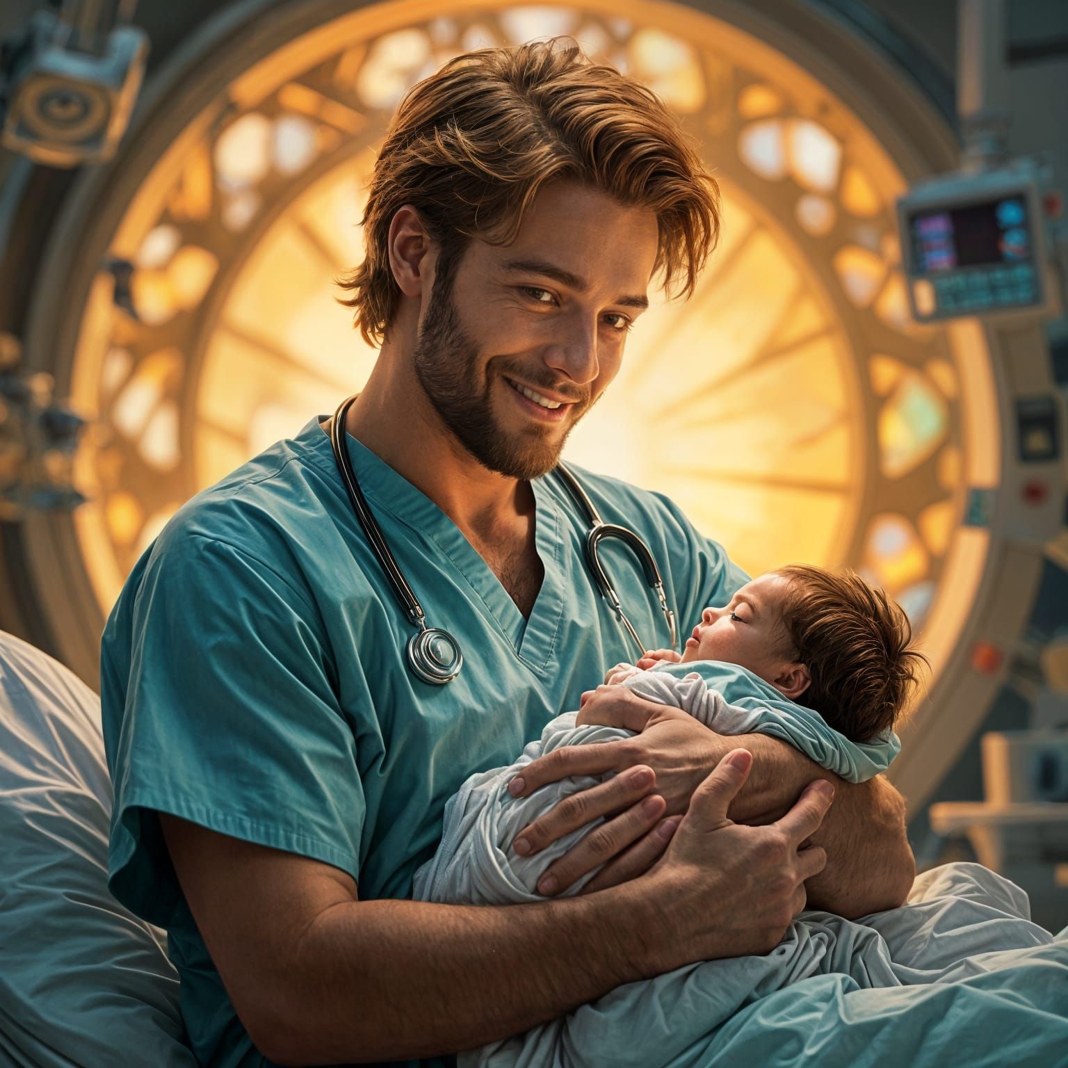 Joyful Surgeon with Newborn Baby, Digital Matte Painting