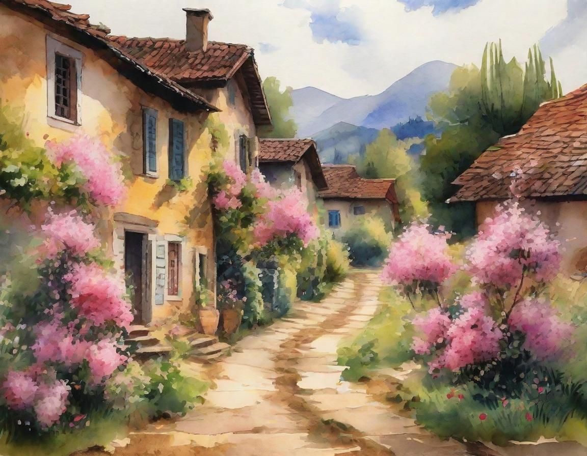 Picturesque Rural Village in Gouache Style