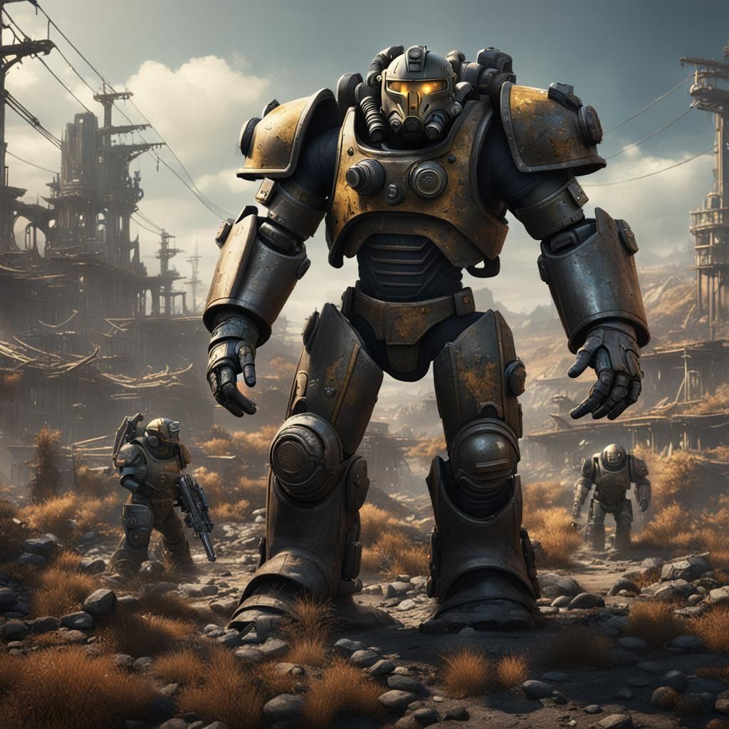 Fallout Power Armor Surrounded by Raiders and Mutants