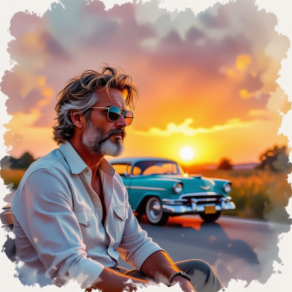 Sunset Summerscape in Watercolor Style