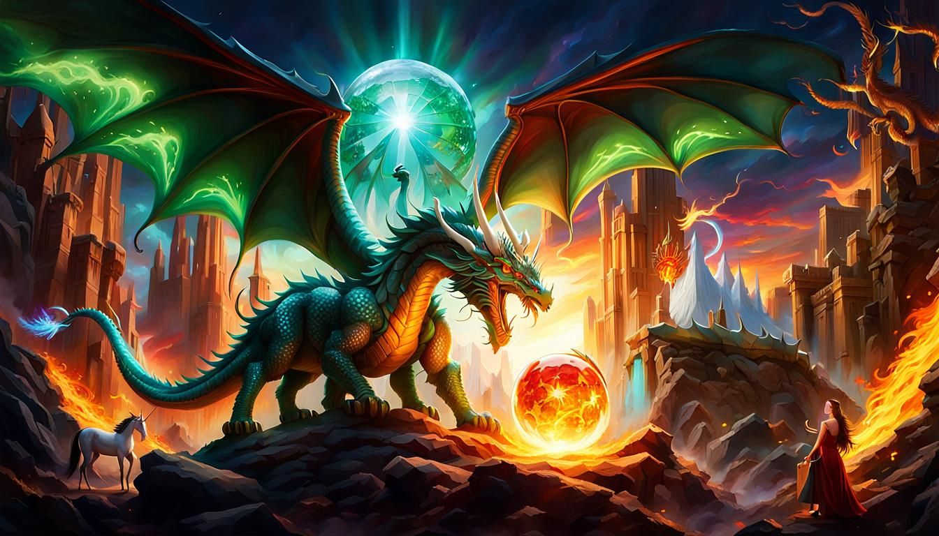 Mythical Scene with Dragon, Unicorn, and Phoenix