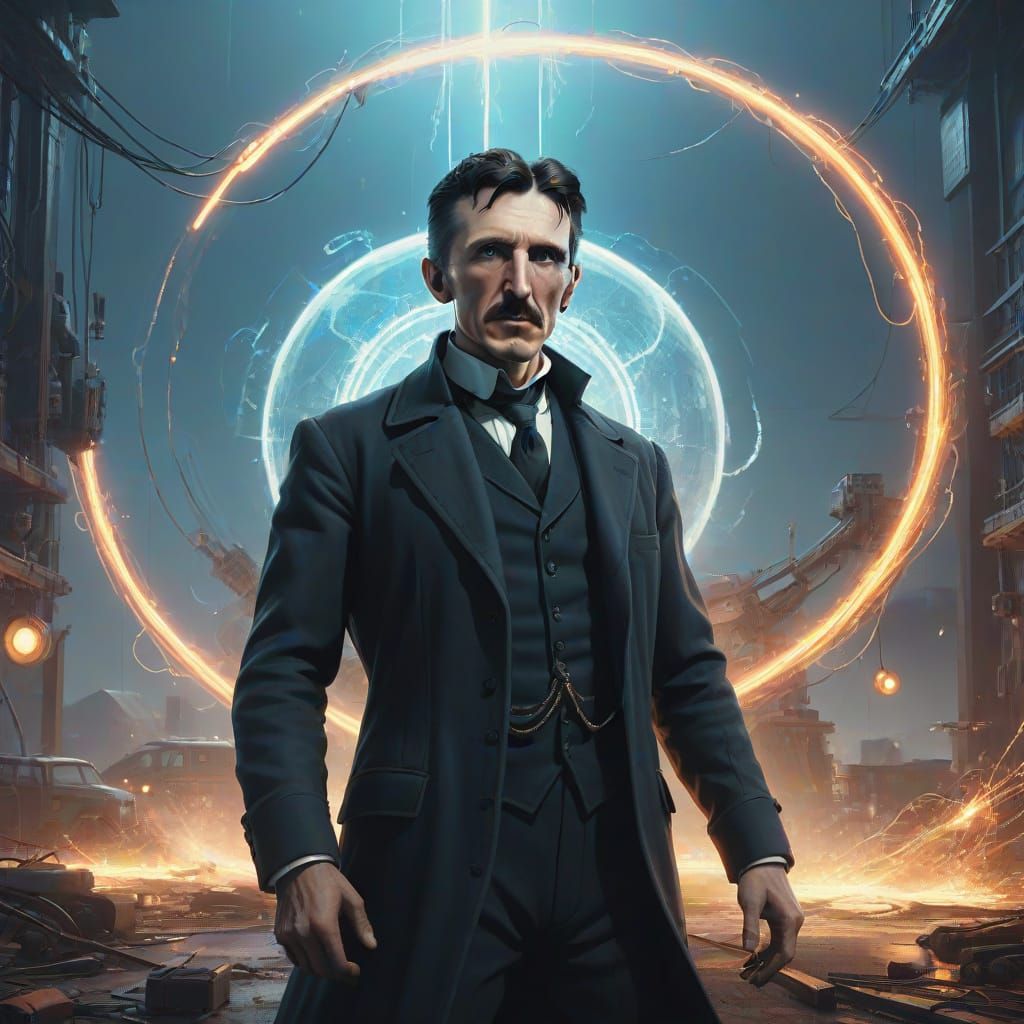 Visionary Inventor Surrounded by Electrifying Energy