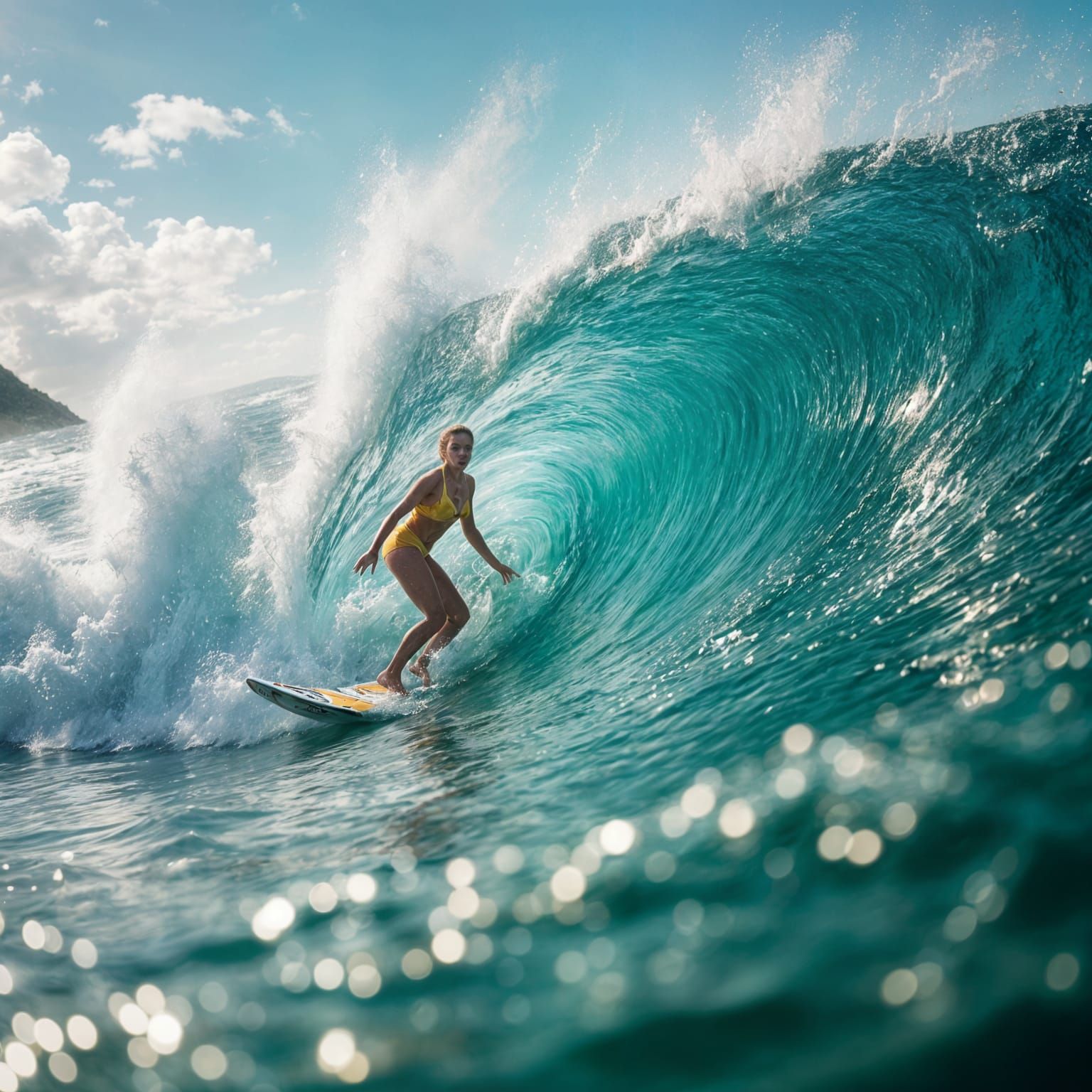 Woman Surfing in Yellow Swimsuit