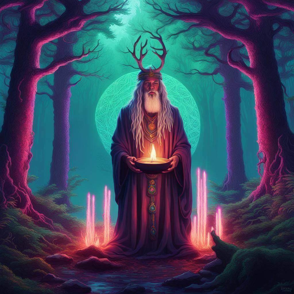 Druid's Ritual in Mystical Forest: Cosmic Synthwave Art