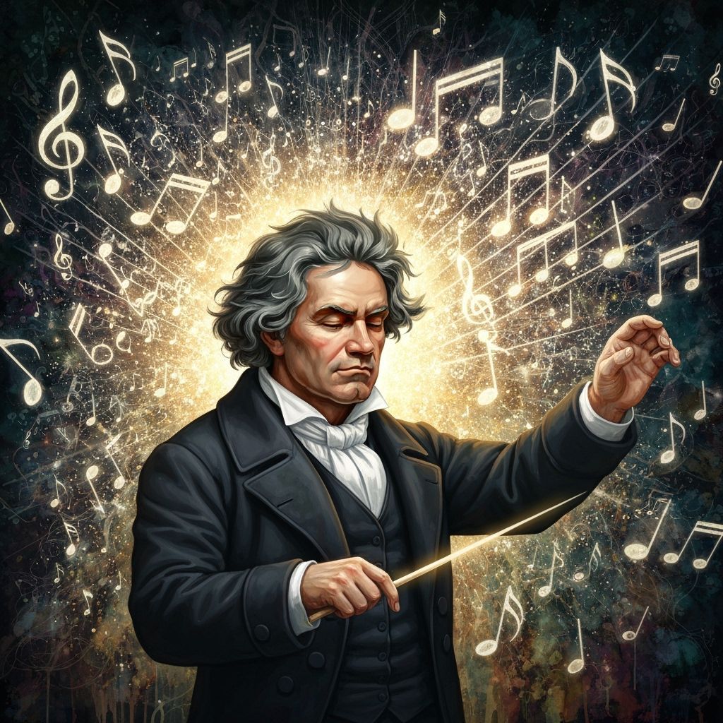Beethoven Conducting a Storm of Music Notes