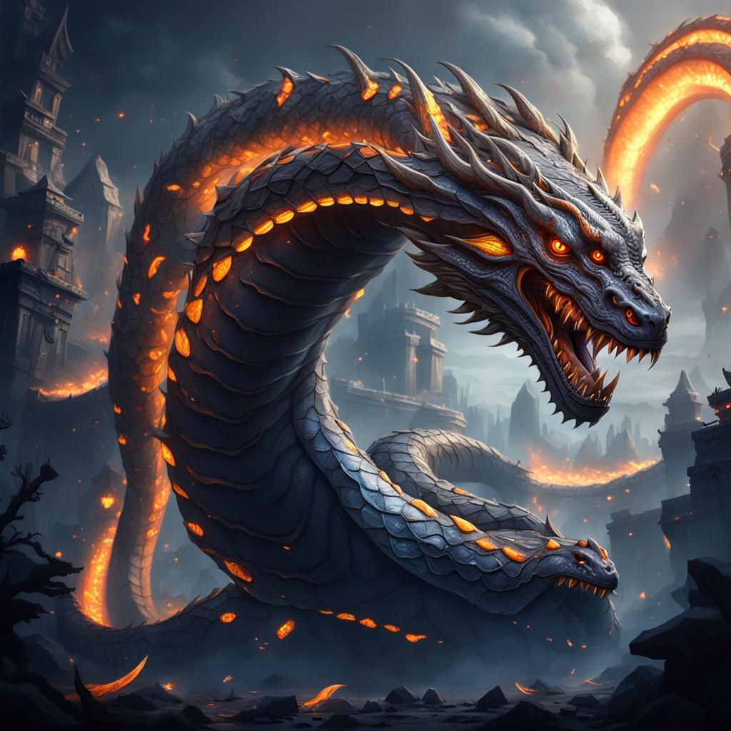 Metallic Serpent with Glowing Eyes, Fantasy Art