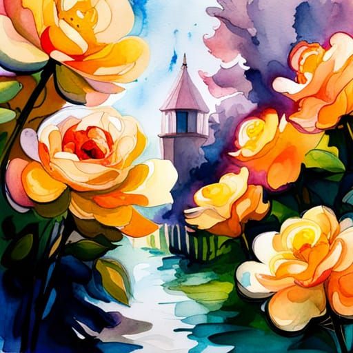 Mystical English Rose Garden in Watercolor Wash