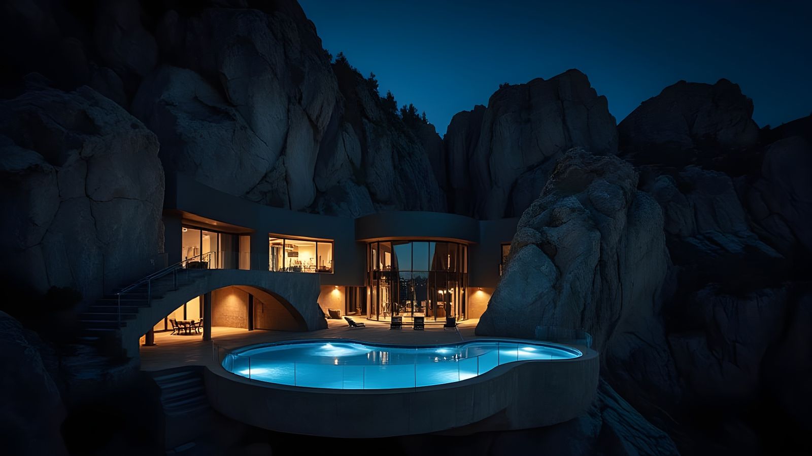 Futuristic Granite Cliffside Mansion at Night