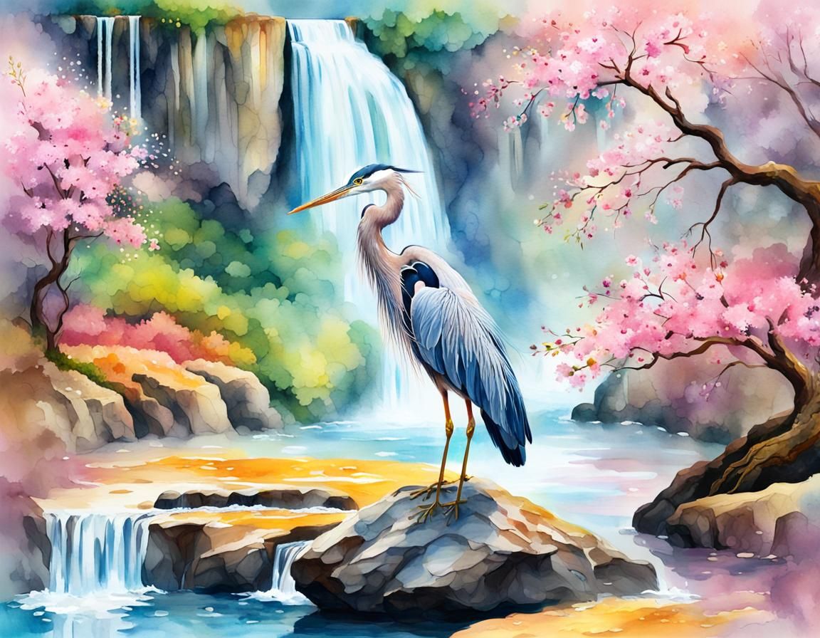 Heron in Waterfalls: 3D Watercolor and Oil Illustration