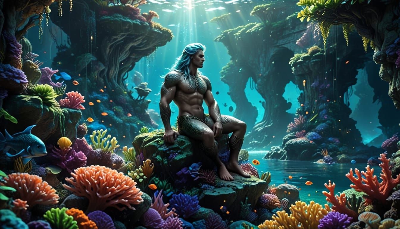 Merman in Vibrant Coral Reef with Exotic Sea Creatures
