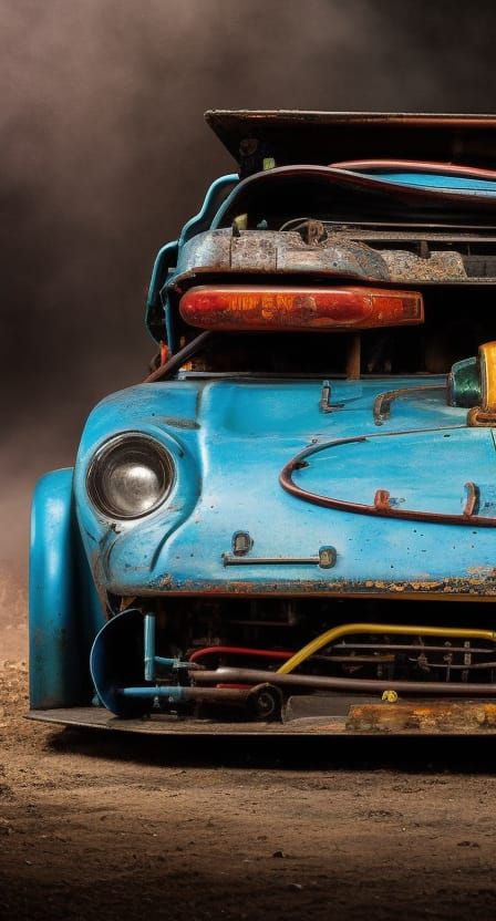 Junkyard Race Cars Portrait in Mist, Hyperdetailed