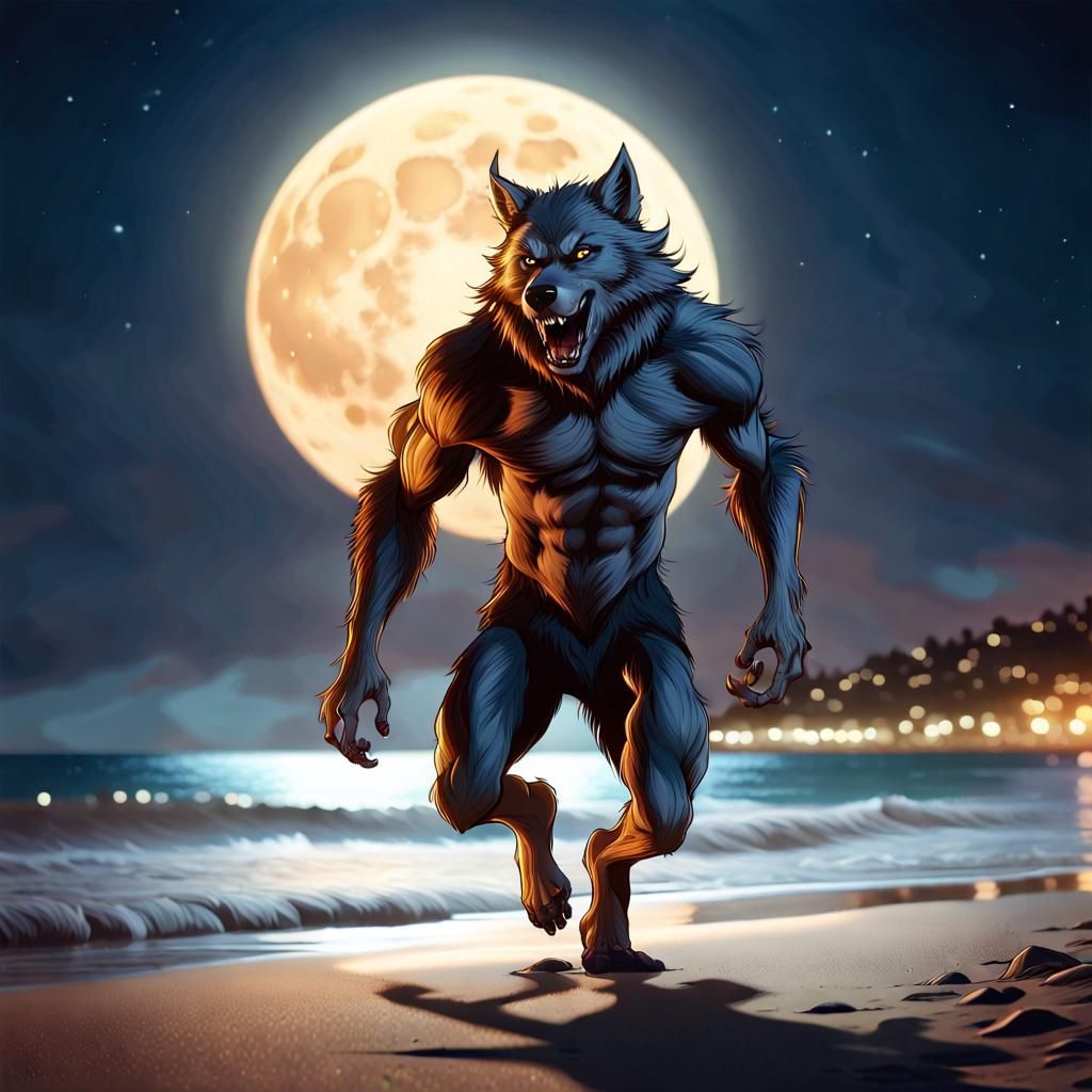 Werewolf Runs on Moonlit French Riviera Beach