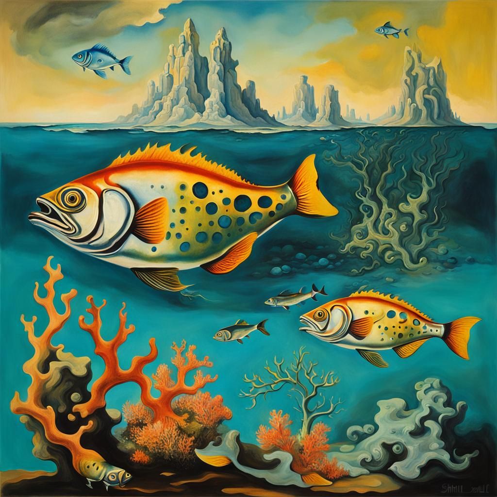 Surreal Underwater Coral Reef Scene in Dali Style