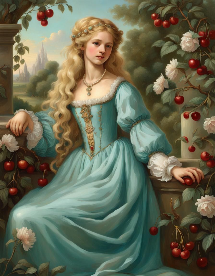 Renaissance Girl in Turquoise Gown in Cherry Garden