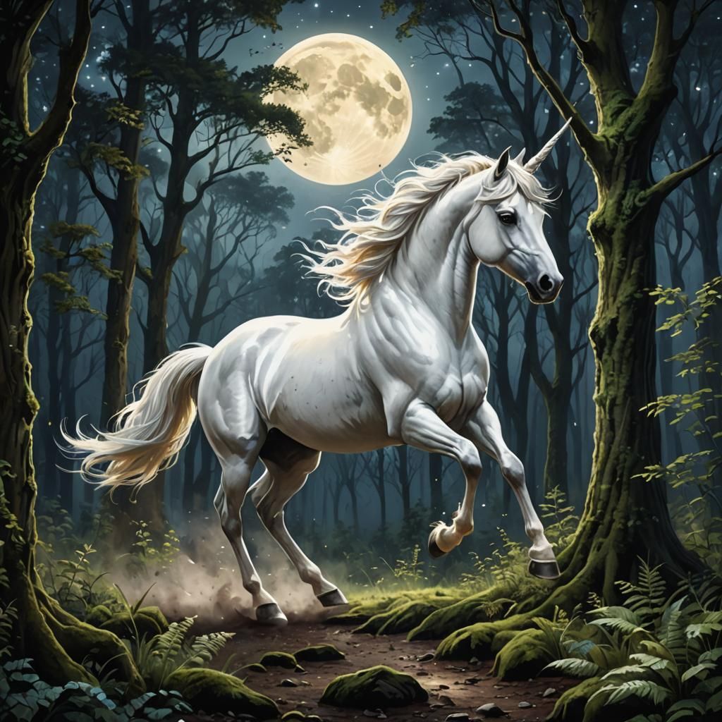 Mythical unicorn galloping through a forest