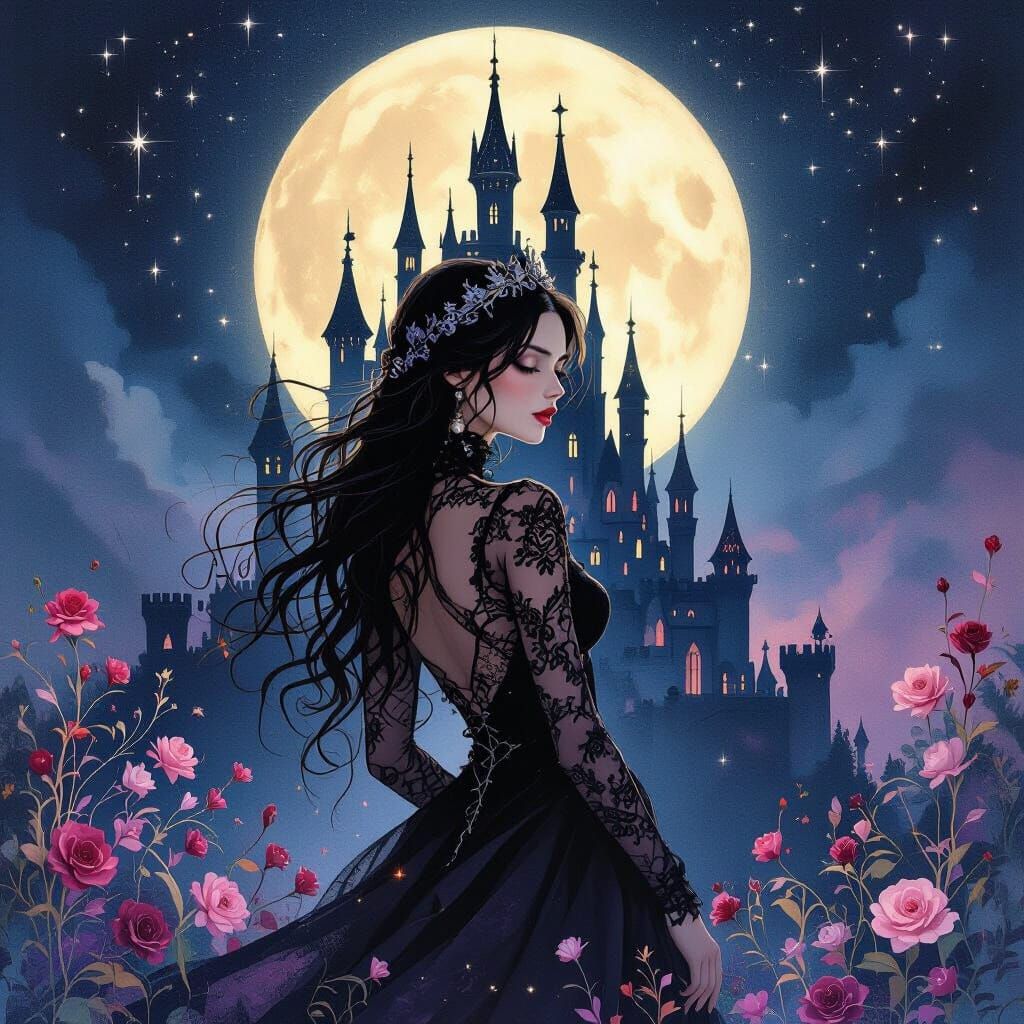 Airbrushed, watercolor, an enchantress in black lace with a glowing castle on her back under a moonlight sky. The scene ...