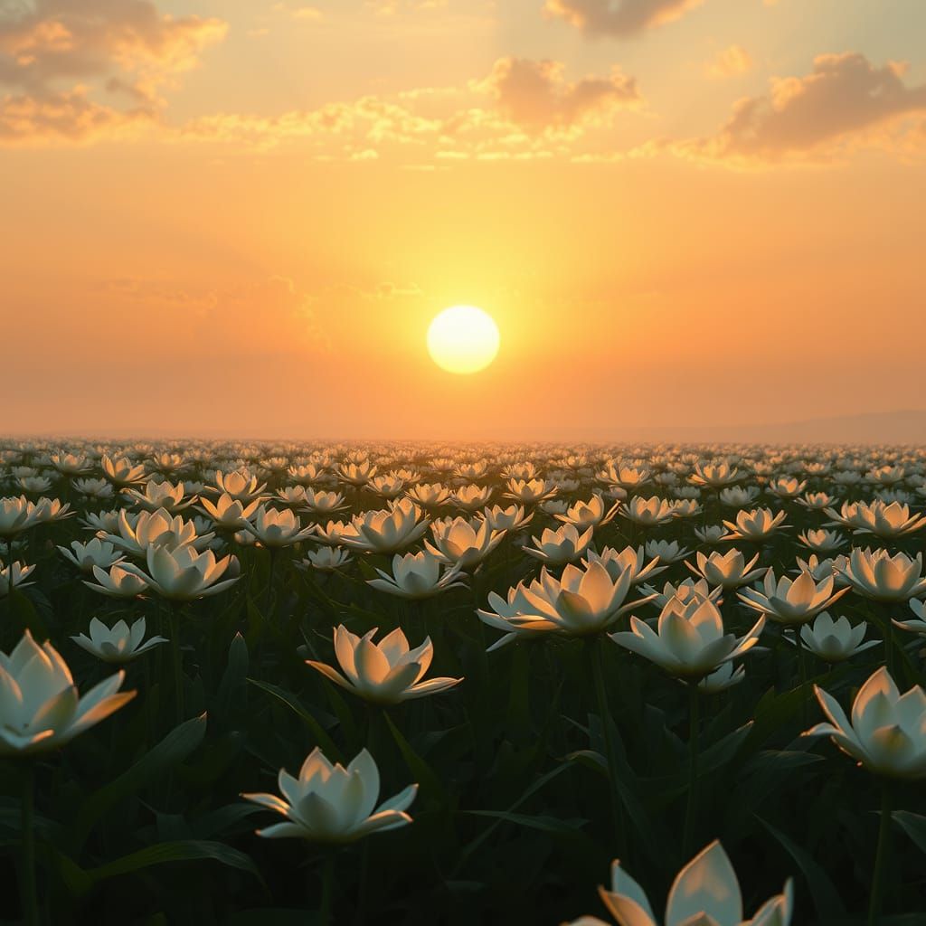 Dreamy Sunset Glow on a Field of White Lilies