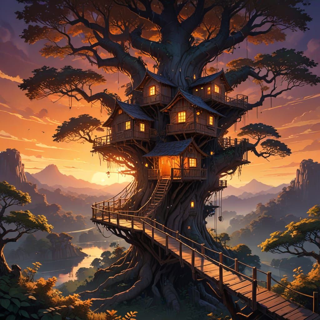 Ethereal Treehouse Village at Sunset in Anime Style