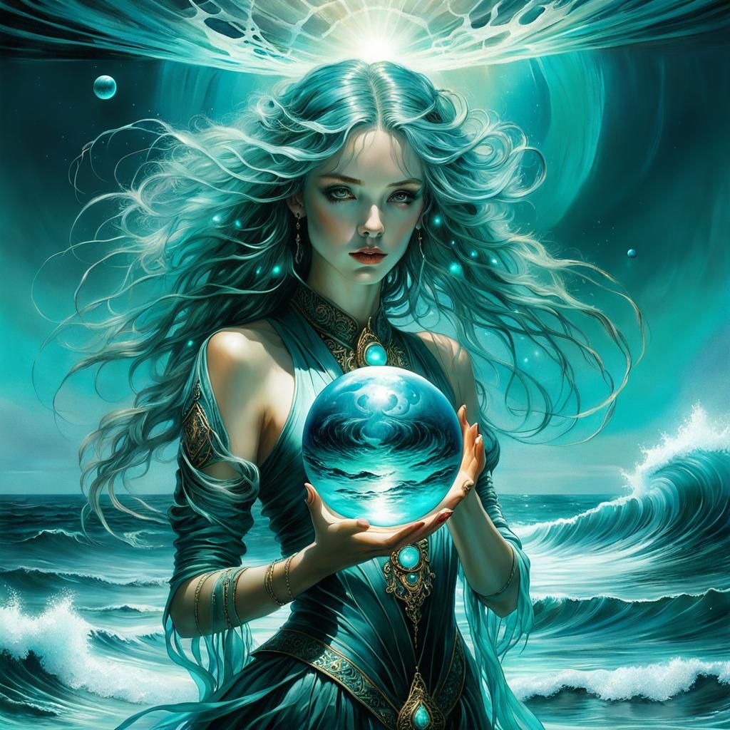Ocean Witch with Glowing Orbs, Watercolor Painting