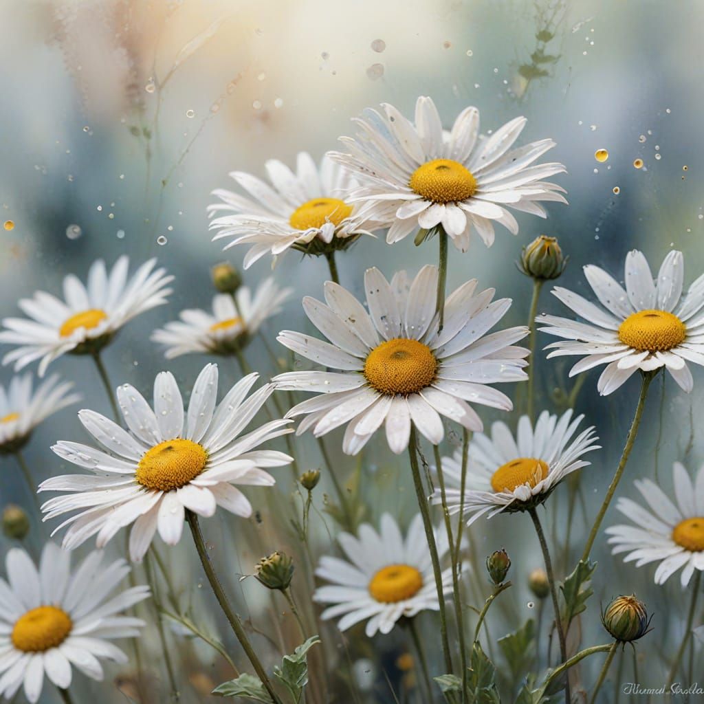 Ethereal Watercolour Daisy Macro Illustration