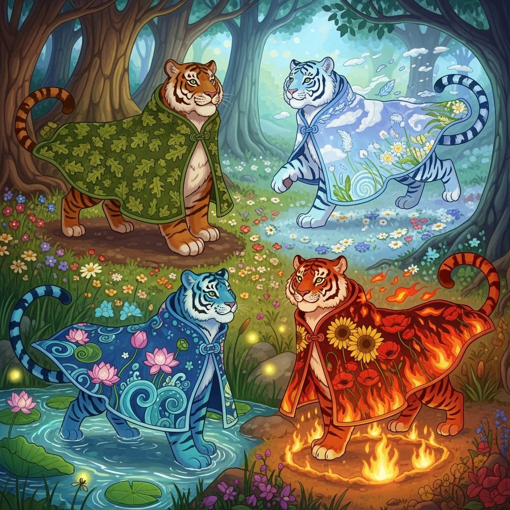 Elemental Tigers in a Whimsical Style