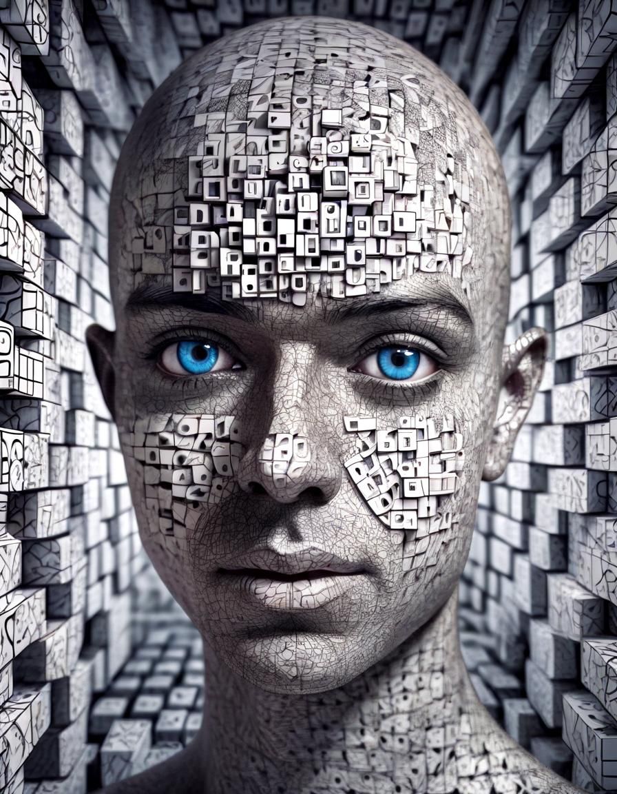 Fragmented Human Head in Cubes and Zentangles
