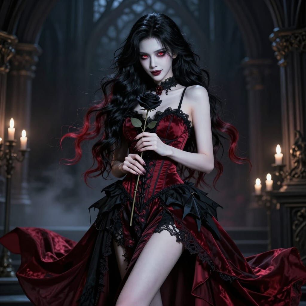 Gothic Vampire Woman with Crimson Eyes in Castle