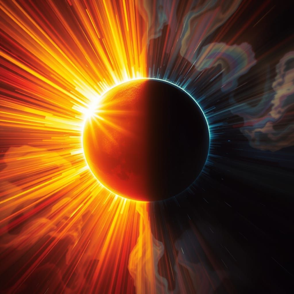 Celestial Battle: Sun and Moon Clash in Retro-Futuristic Sty...