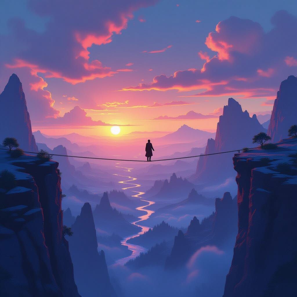 Mystical Tightrope Walker in Detailed Matte Painting Style