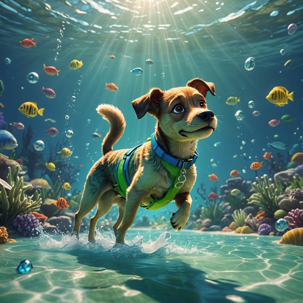 Dog in Swim Trunks: Pixar-Inspired Underwater Scene