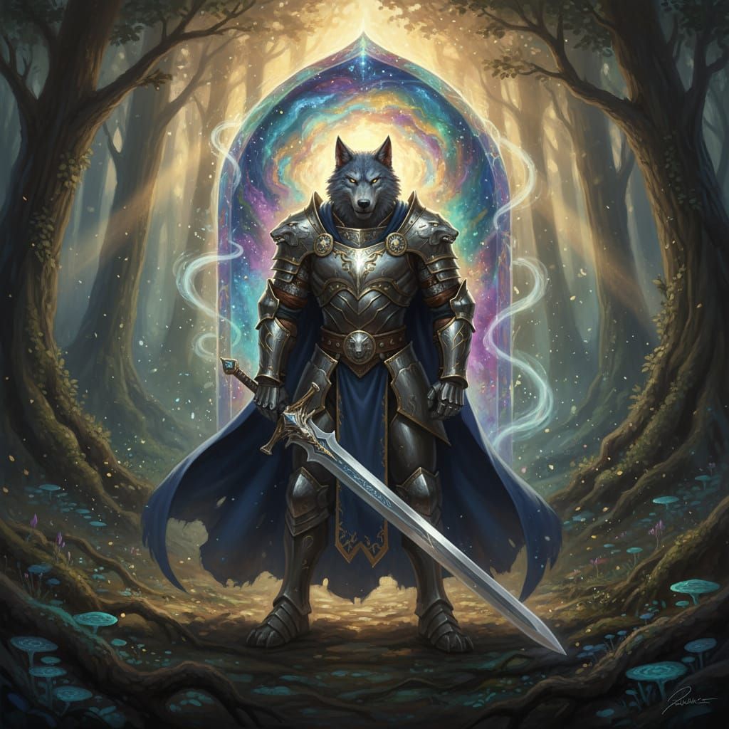 Wolf-Man Knight Guards Ethereal Portal in Mystical Forest