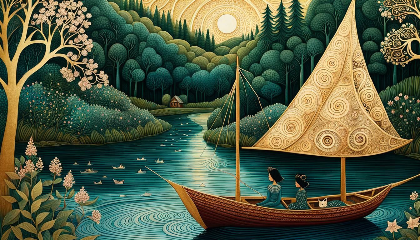 Dreamlike Art Brut: Woman and Cat-Woman Sailing