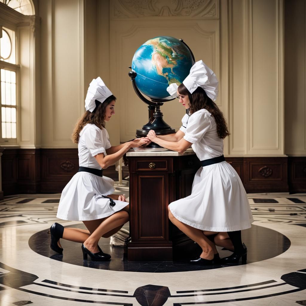French Maids Kneeling Before Martian Globe