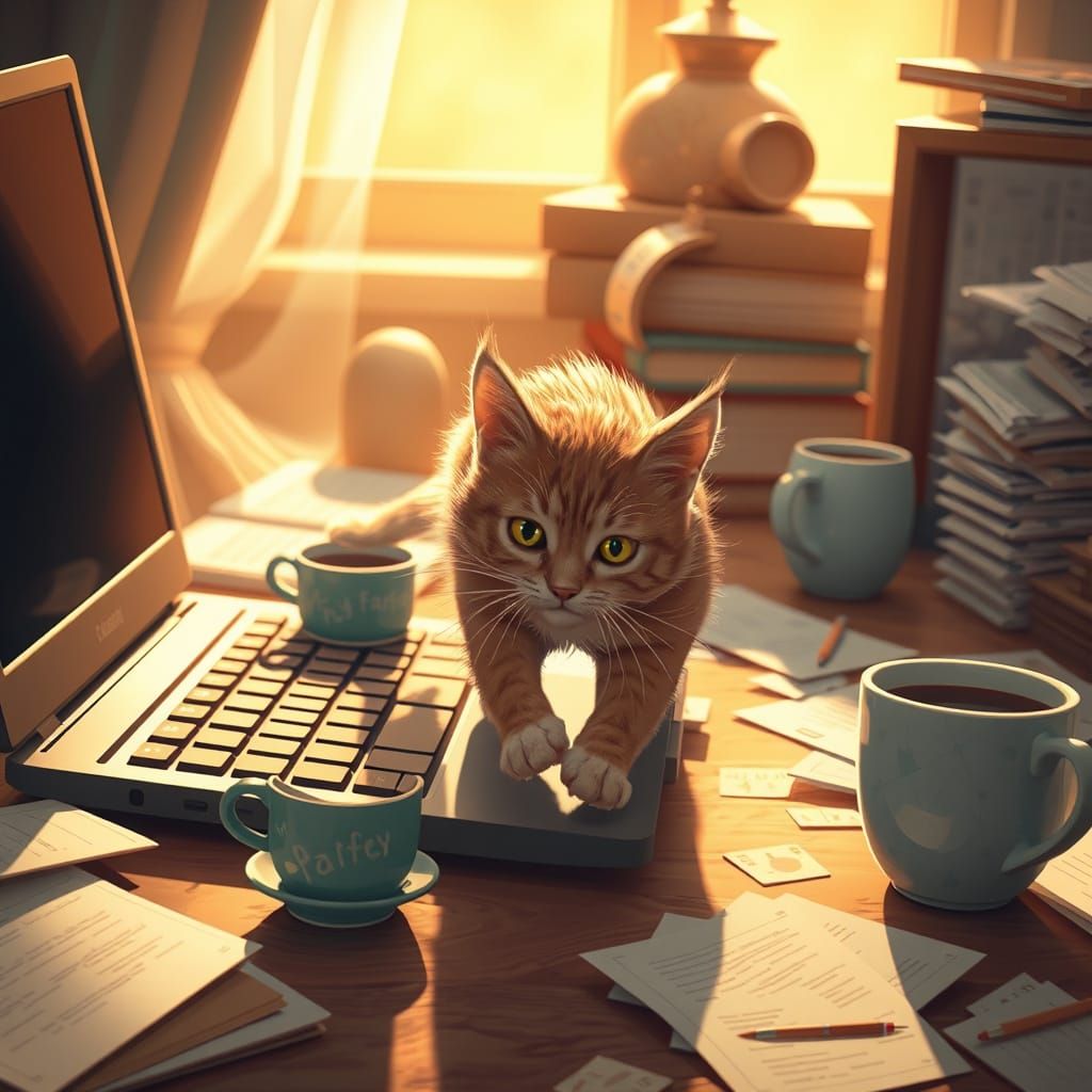 Cat Pounces on Laptop Keyboard in Golden Light