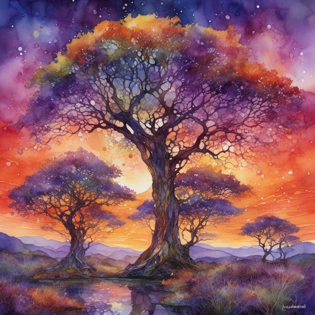 Purple and Orange Sunset Behind Trees