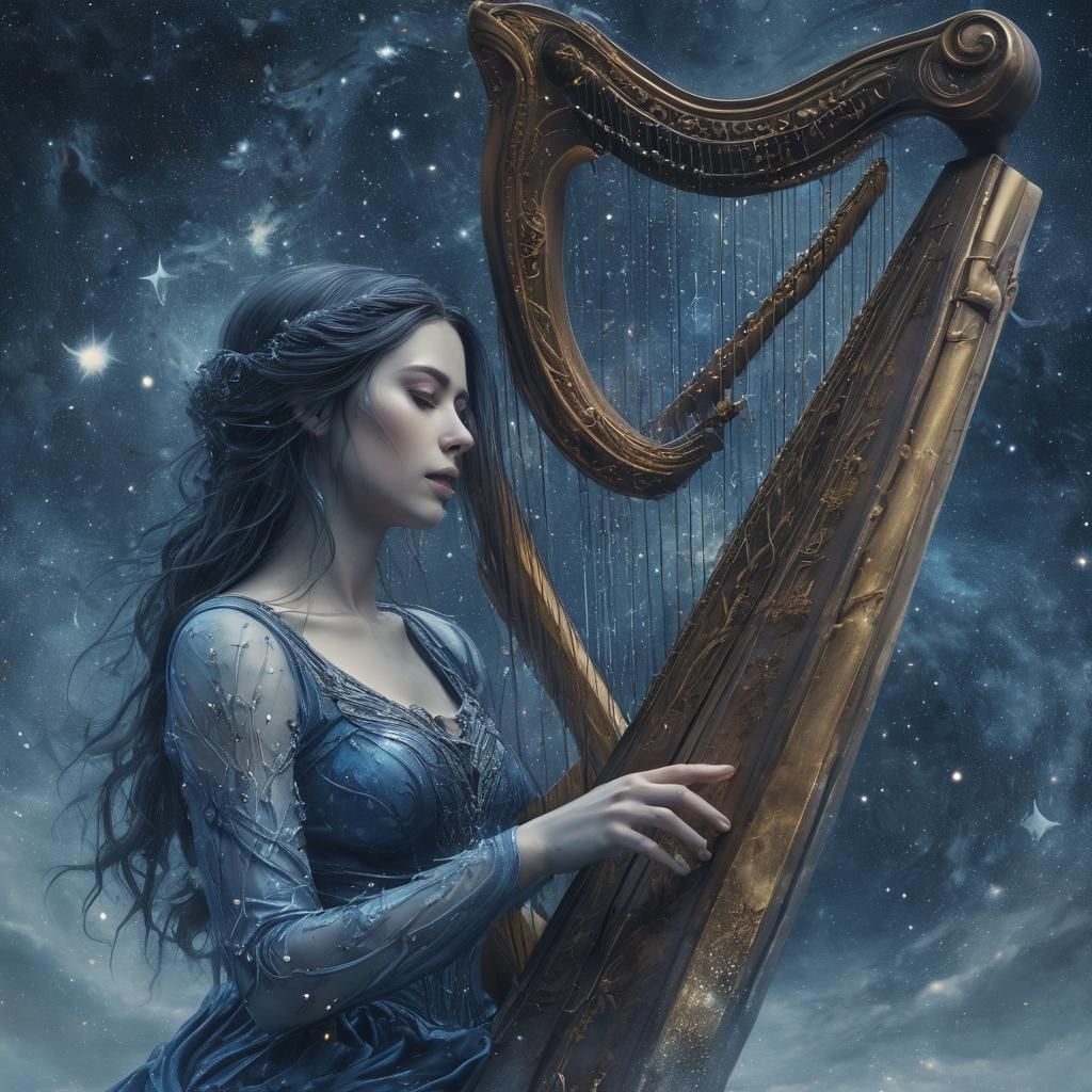 Celestial Harpist in Starry Night: Ink Painting