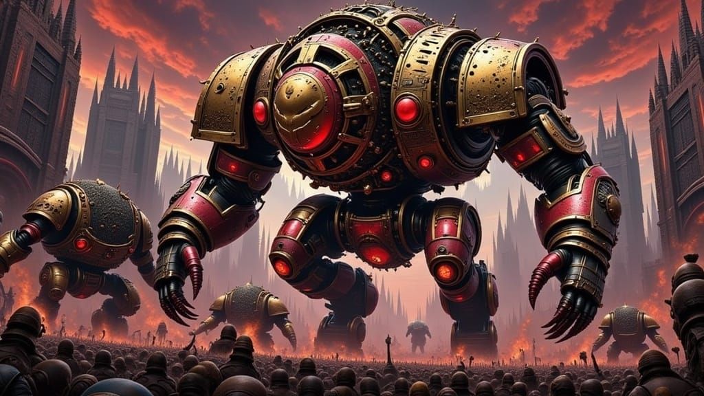 Mechanical Monolith Across Battlefield in Mythpunk Style