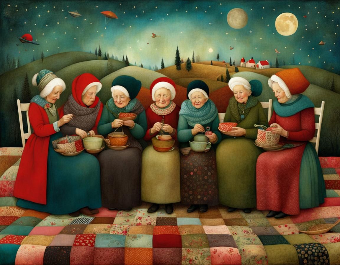 Women's Quilting Circle in Whimsical Mixed Media Style