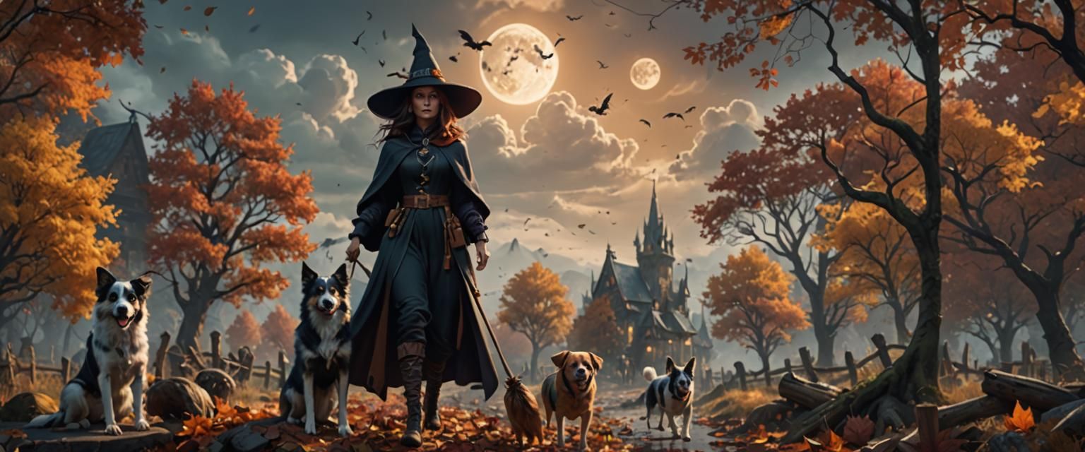 Autumn Witch and Dogs in Fantasy Landscape