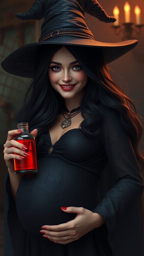 Fantastical Witch Offers Enchanted Potion in Deep, Rich Colo...