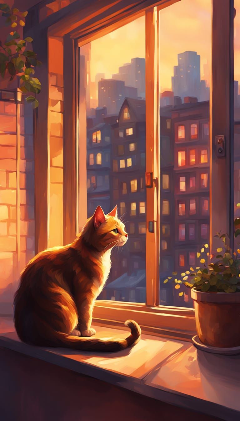 Cat on Windowsill Overlooking City in Golden Hour Light