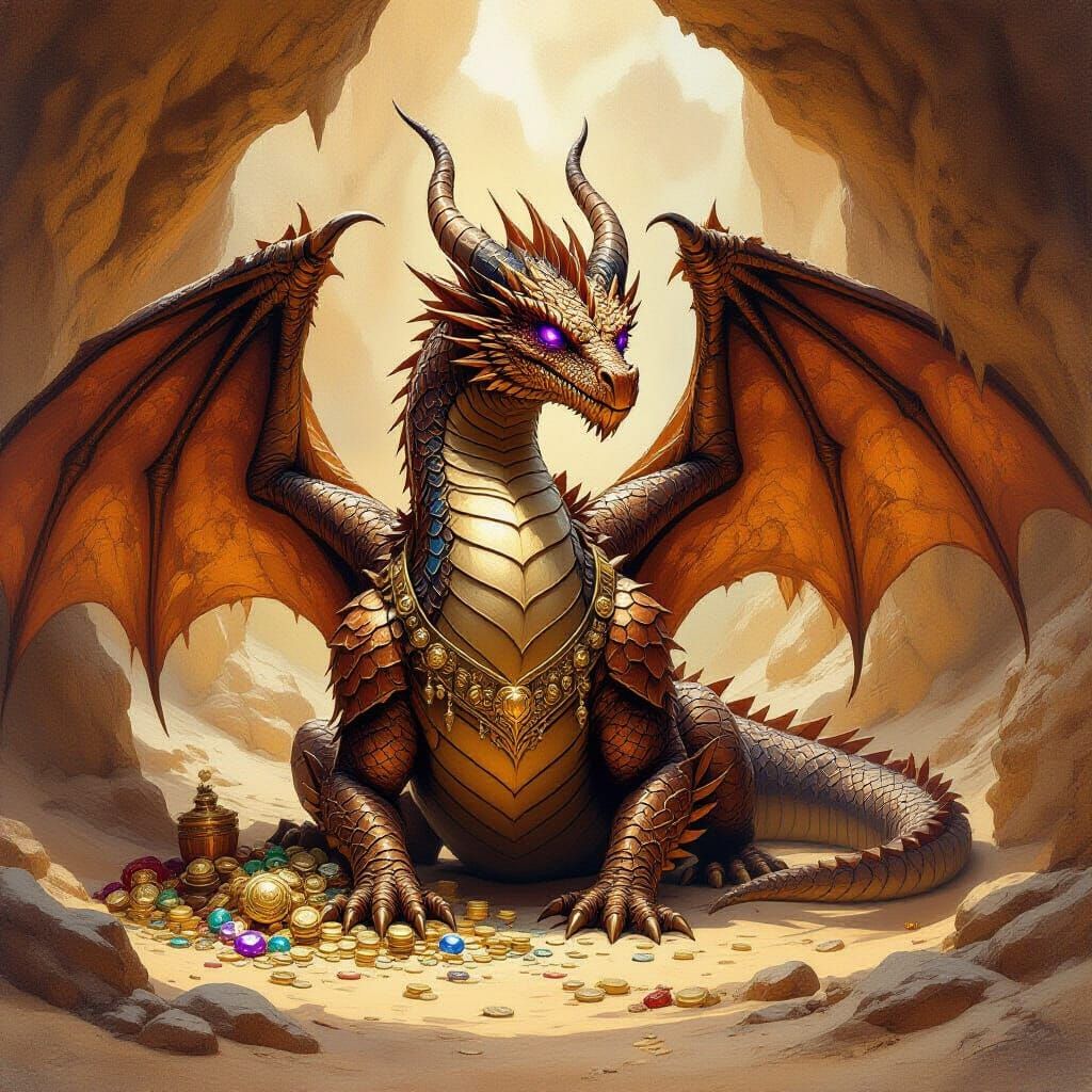 Bronze Dragon Guards Glittering Treasure Hoard