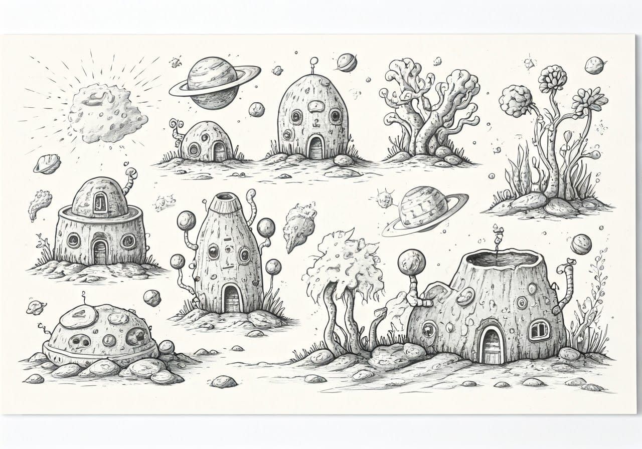 Doodle Sketch of Cute Alien Village