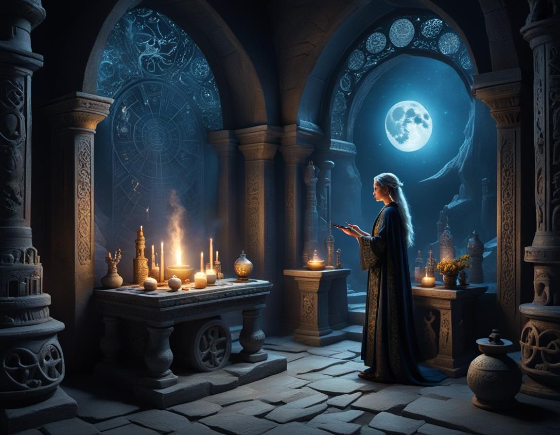 Sorceress Conjuring Spirits in Moonlit Chamber