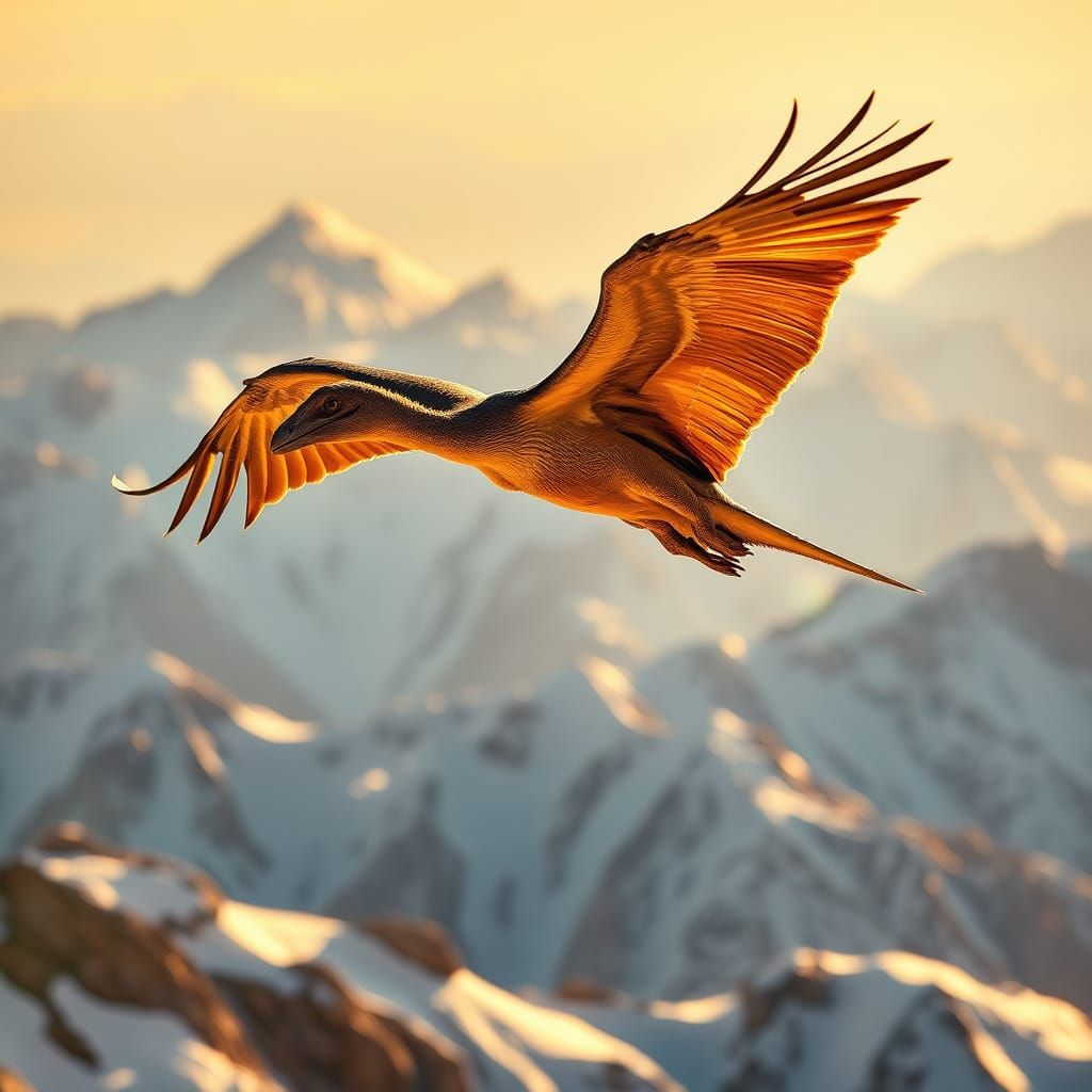 Pterodactyl Soaring Above Snowy Mountains in Golden Light
