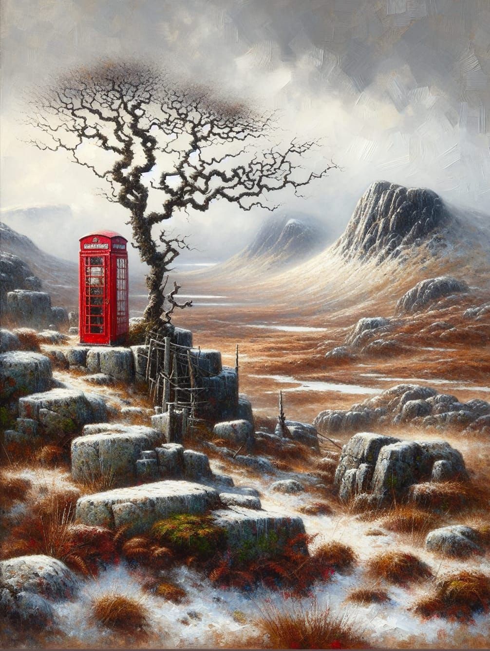 Red Telephone Booth in Bleak Scottish Landscape Oil Painting