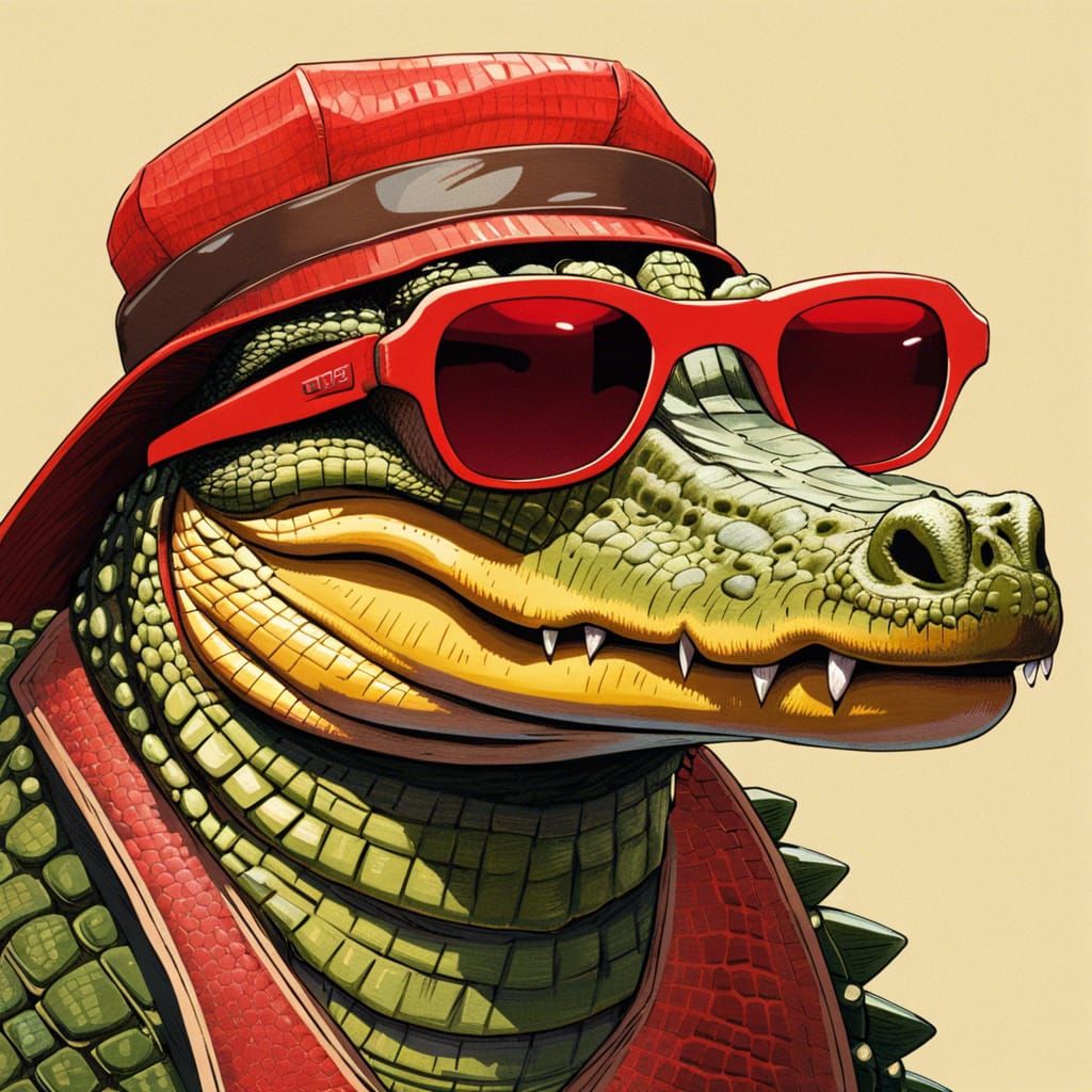 Crocodile in Red Sunglasses, Hyper Detailed