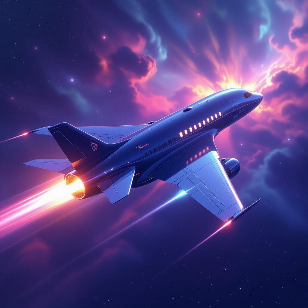 Sleek Futuristic Airplane Soars Through Vibrant Nebula