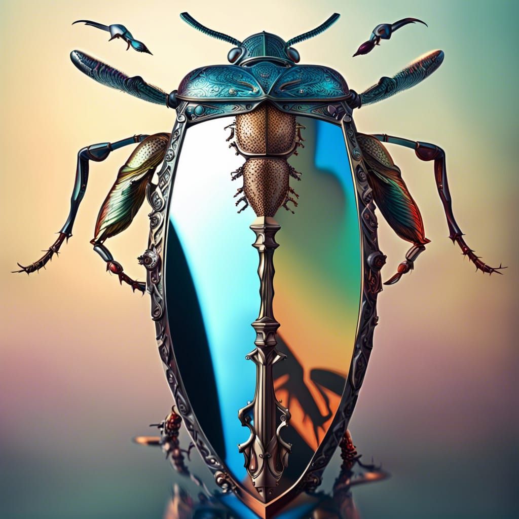 Mirrored Insect Warrior with Sword in Hyperrealistic Style