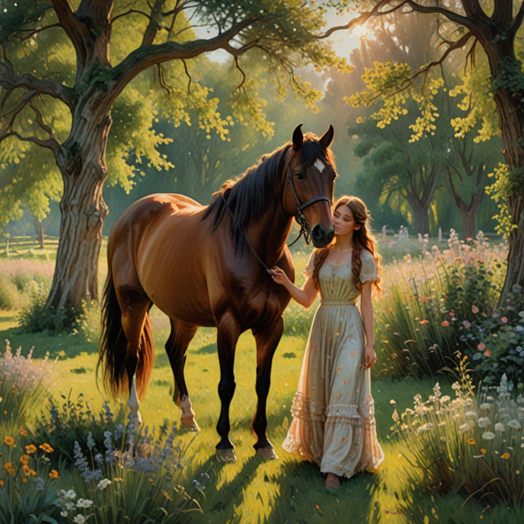 Girl in Elegant Dress Stands Beside Her Horse in Sunlit Mead...